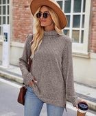 Ribbed Turtleneck Long Sleeve Slit Knit Top - Body By J'ne