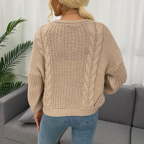 Openwork Round Neck Dropped Shoulder Sweater - Body By J'ne