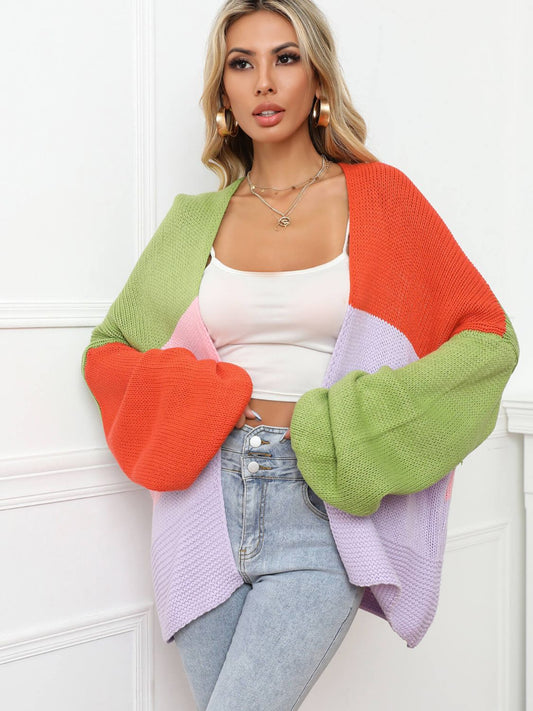 Color Block Open Front Balloon Sleeve Longline Cardigan - Body By J'ne