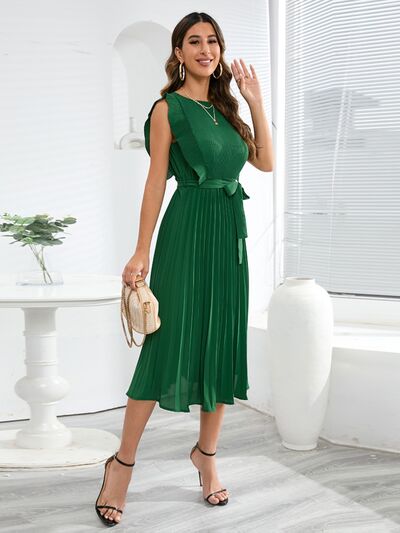 Tied Round Neck Pleated Midi Dress - Body By J'ne