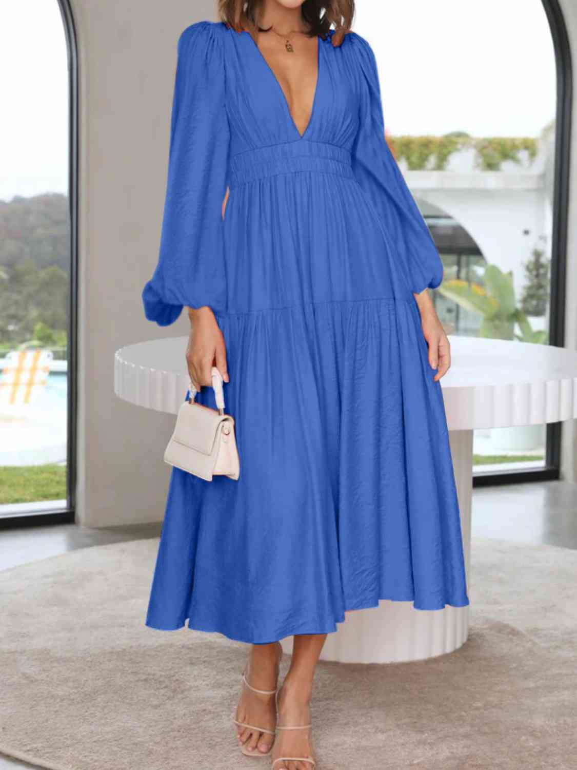 Deep V-Neck Balloon Sleeve Plain Maxi Dress - Body By J'ne