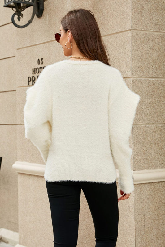 Puff Sleeve V-Neck Fuzzy Cardigan - Body By J'ne