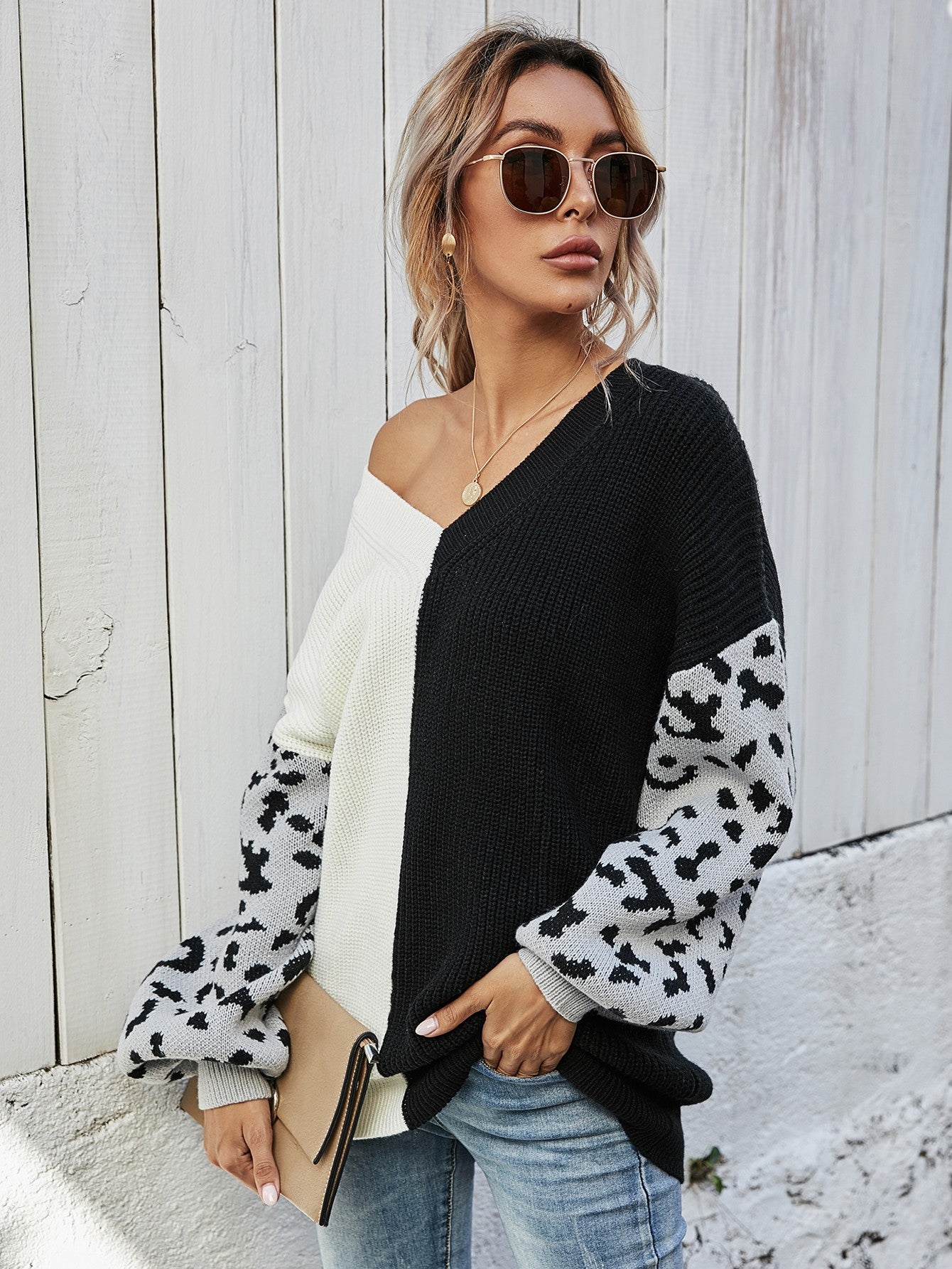 Leopard Color Block V-Neck Tunic Pullover Sweater - Body By J'ne