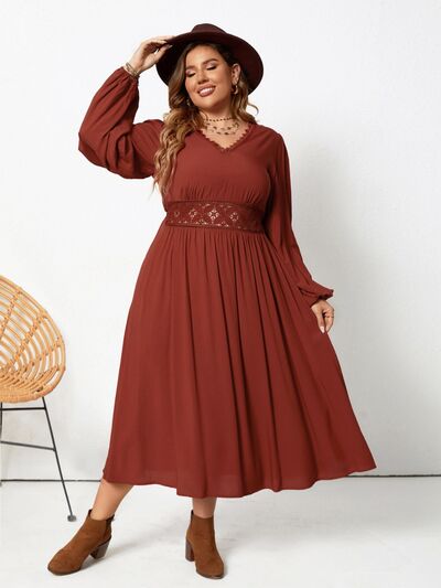 Plus Size Lace Detail V-Neck Balloon Sleeve Dress - Body By J'ne