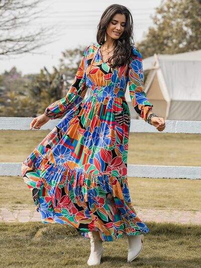 Printed Smocked Tie Neck Balloon Sleeve Maxi Dress - Body By J'ne