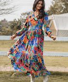 Printed Smocked Tie Neck Balloon Sleeve Maxi Dress - Body By J'ne