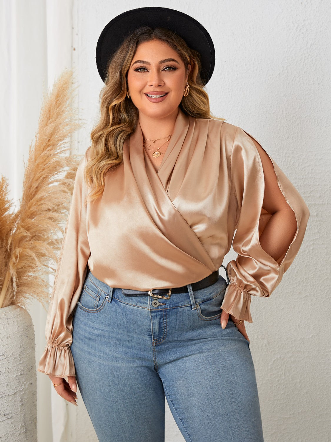 Plus Size Surplice Neck Flounce Sleeve Blouse - Body By J'ne