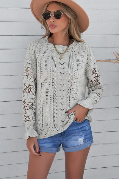 Openwork Lantern Sleeve Dropped Shoulder Sweater - Body By J'ne