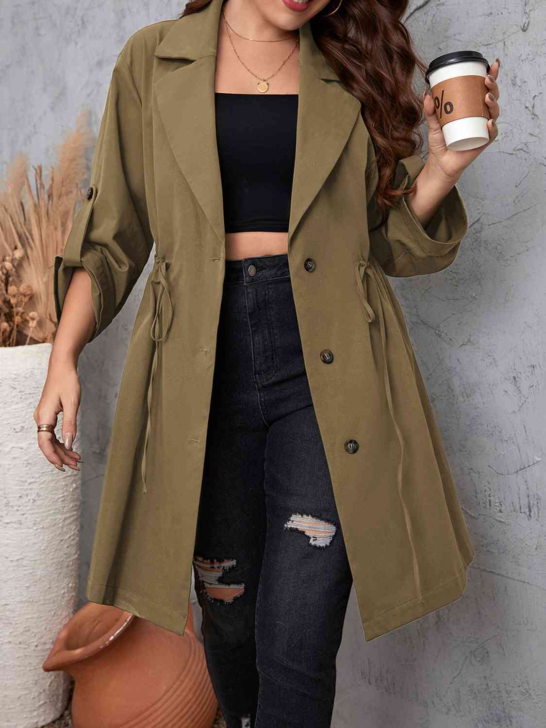 Plus Size Lapel Collar Drawstring Roll-Tab Sleeve Trench Coat - Body By J'ne