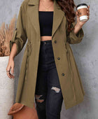 Plus Size Lapel Collar Drawstring Roll-Tab Sleeve Trench Coat - Body By J'ne