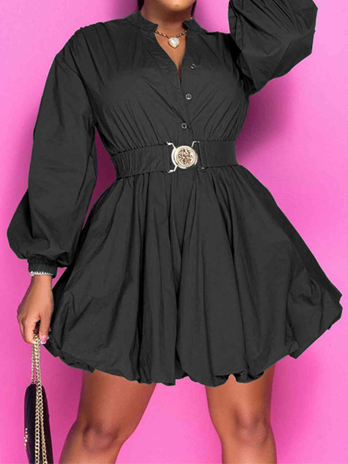 Notched Button Up Balloon Sleeves Dress - Body By J'ne