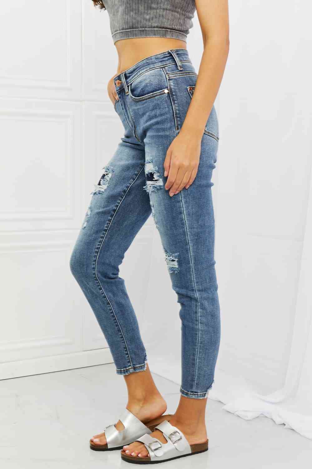 Dahlia Full Size Distressed Patch Jeans - Body By J'ne