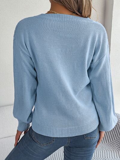 Cable-Knit V-Neck Lantern Sleeve Sweater - Body By J'ne