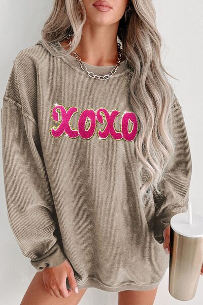 XOXO Sequin Round Neck Dropped Shoulder Sweatshirt - Body By J'ne