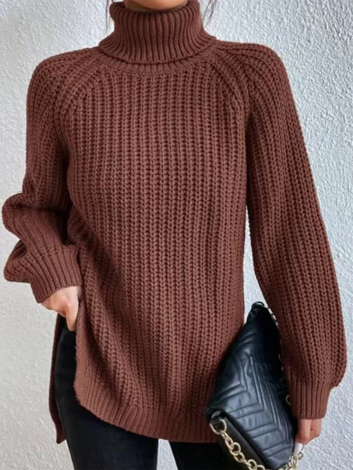 Full Size Turtleneck Rib-Knit Slit Sweater - Body By J'ne