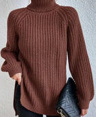 Full Size Turtleneck Rib-Knit Slit Sweater - Body By J'ne