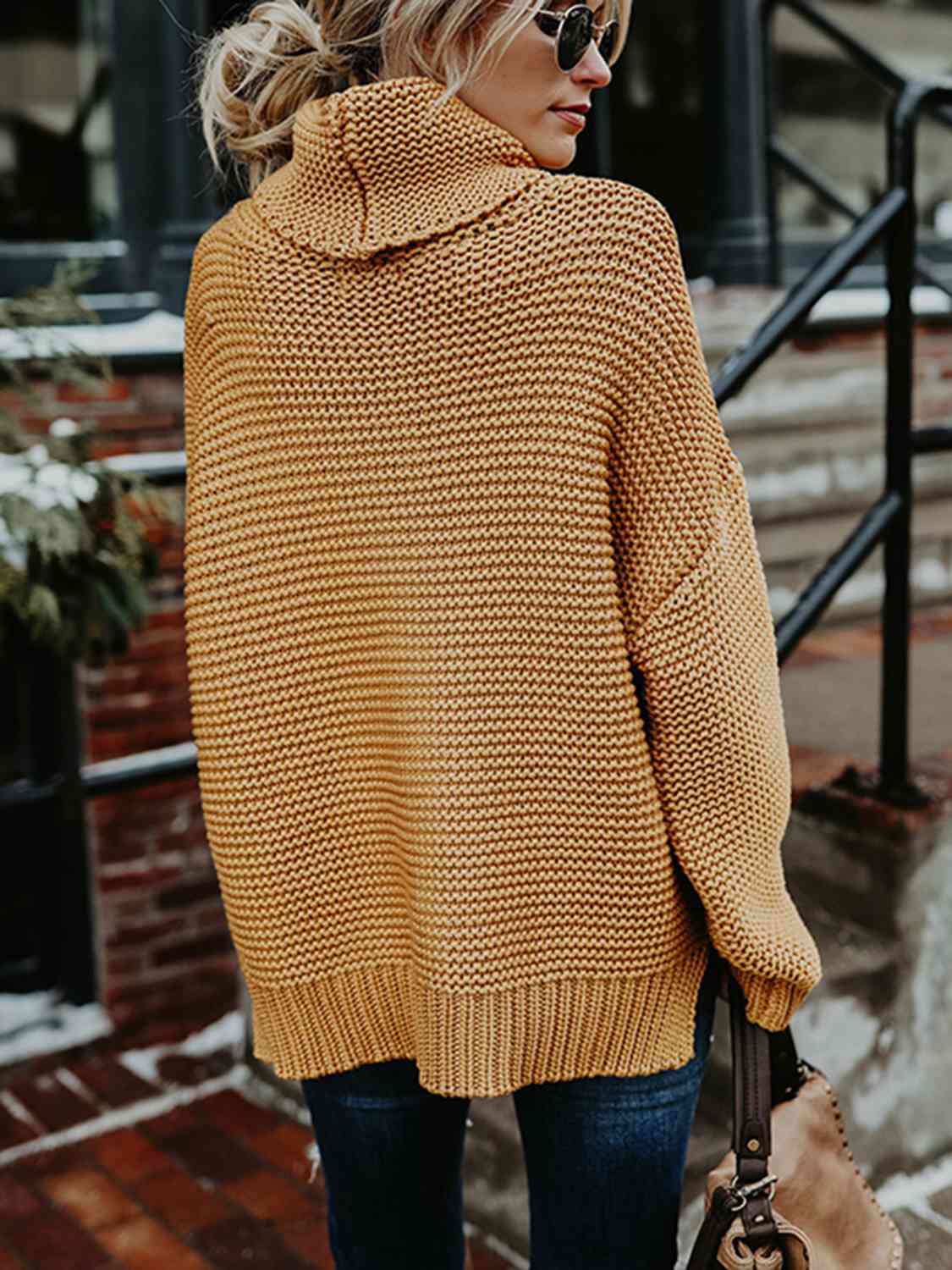 Turtleneck Dropped Shoulder Slit Sweater - Body By J'ne