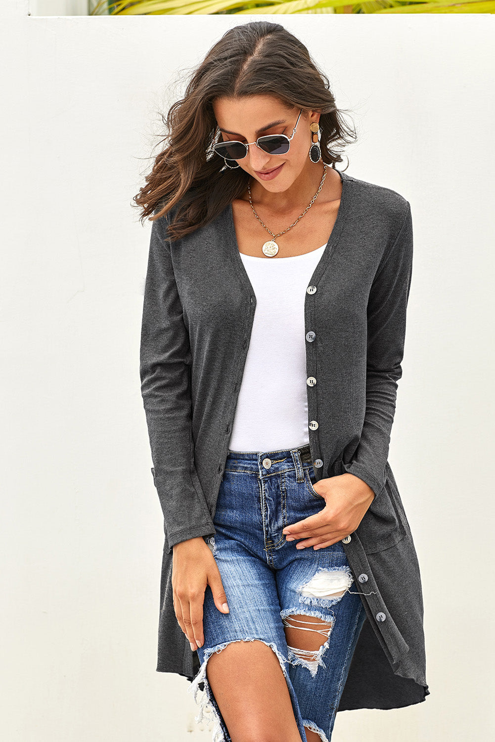 V-Neck Long Sleeve Cardigan with Pocket - Body By J'ne