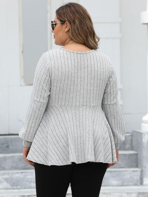 Plus Size Ribbed V-Neck Long Sleeve Blouse - Body By J'ne