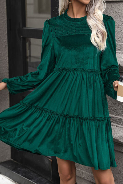 Smocked Balloon Sleeve Frill Trim Tiered Dress - Body By J'ne