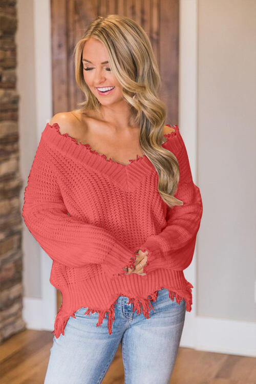 Frayed Hem Dropped Shoulder Sweater - Body By J'ne