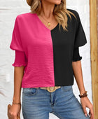 Contrast V-Neck Lantern Sleeve Blouse - Body By J'ne