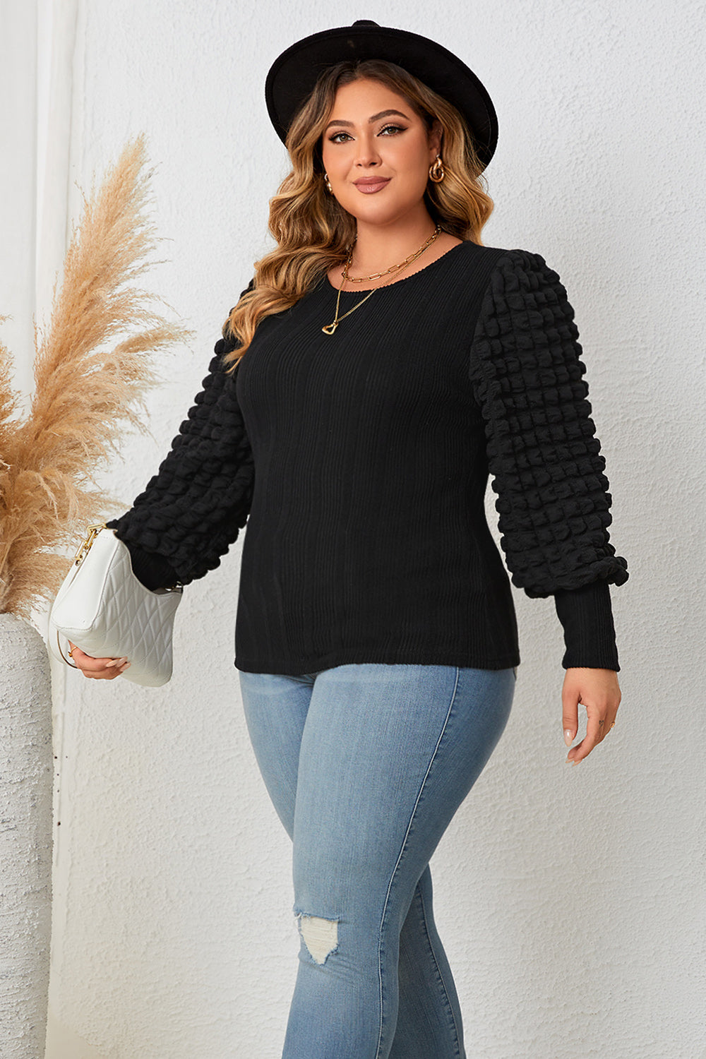 Plus Size Round Neck Lantern Sleeve Blouse - Body By J'ne