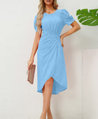 Slit Ruched Round Neck Puff Sleeve Dress - Body By J'ne