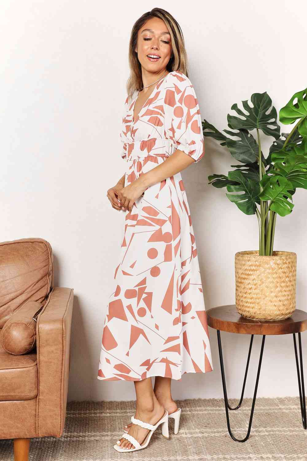 Printed Surplice Balloon Sleeve Dress - Body By J'ne