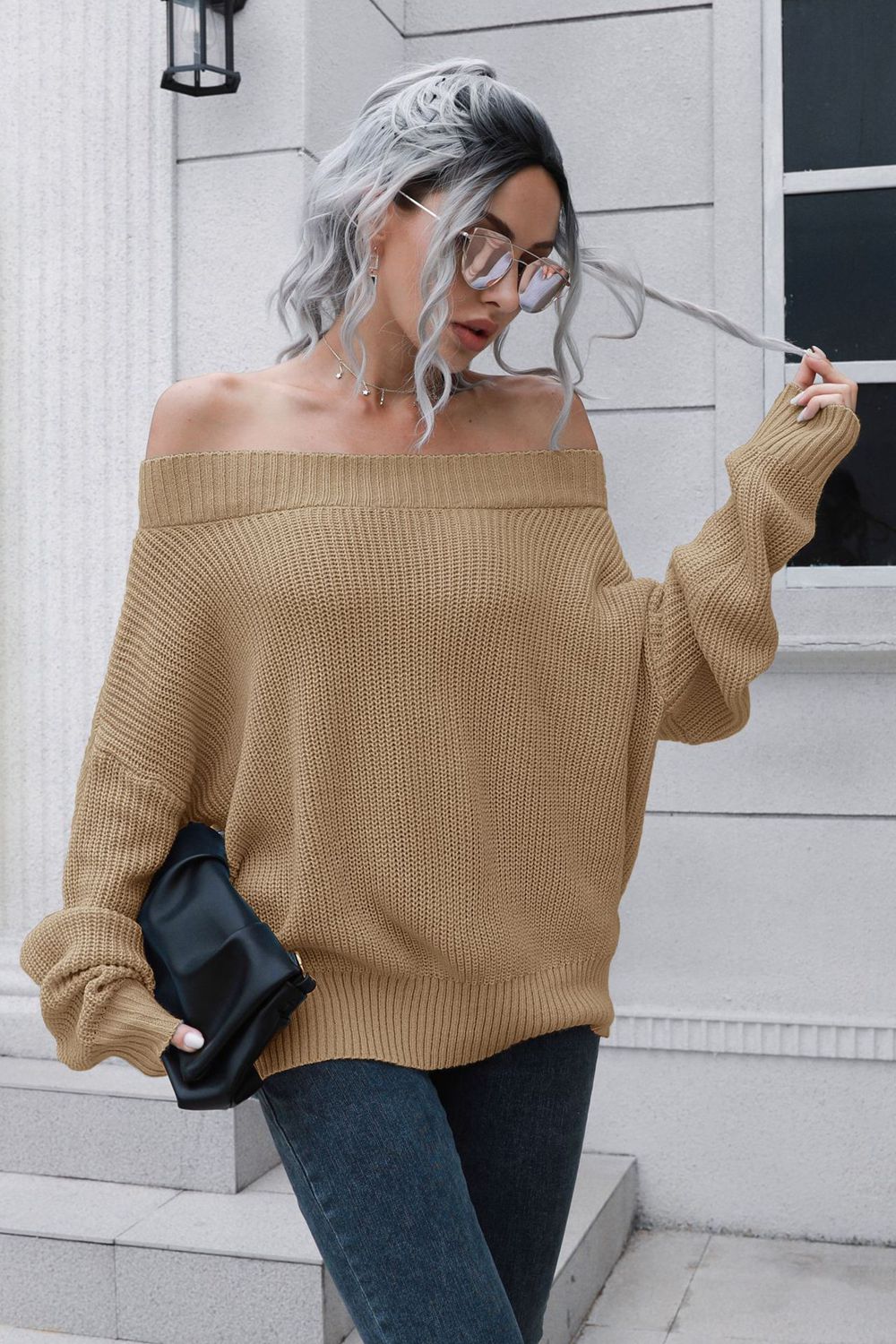 Off-Shoulder Ribbed Long Sleeve Pullover Sweater - Body By J'ne