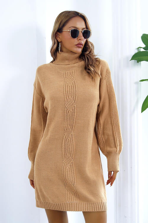 Openwork Turtleneck Long Sleeve Sweater Dress - Body By J'ne