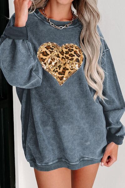 Heart Leopard Sequin Round Neck Sweatshirt - Body By J'ne