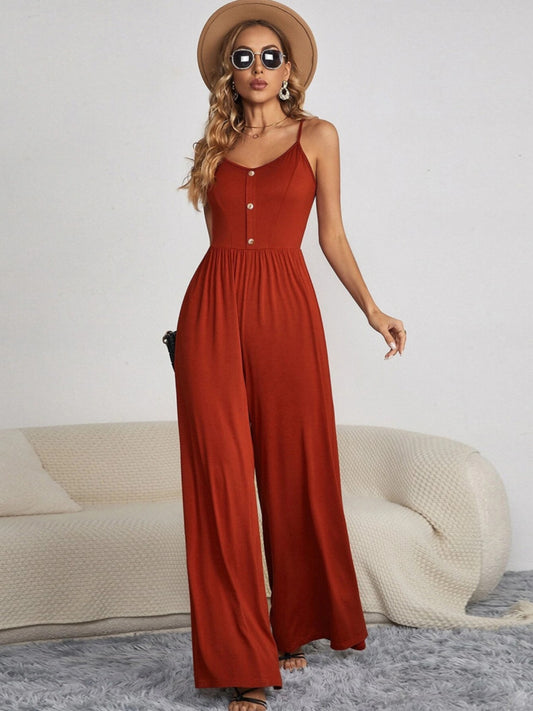 Decorative Button Spaghetti Strap Wide Leg Jumpsuit - Body By J'ne