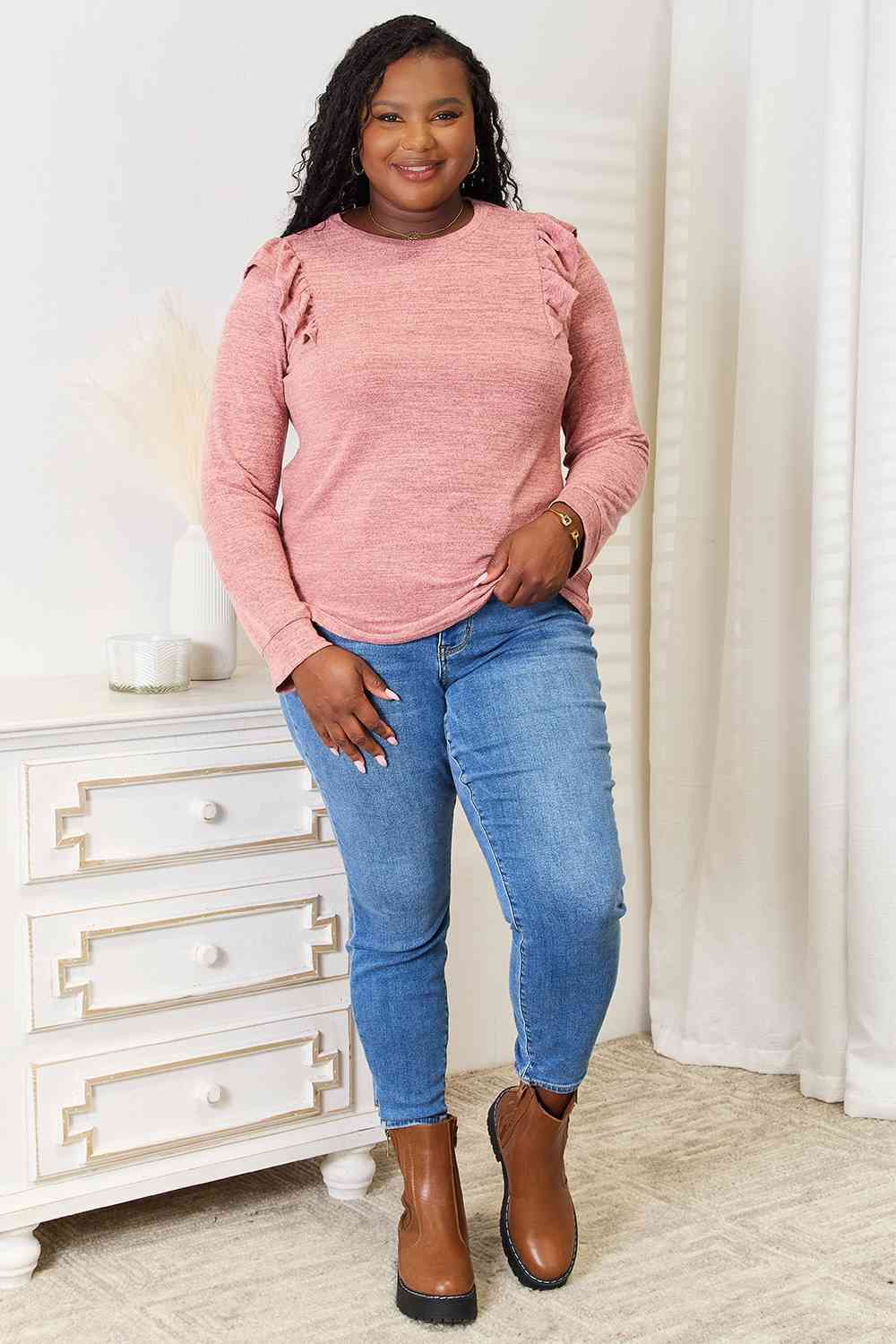 Ruffle Shoulder Long Sleeve T-Shirt - Body By J'ne