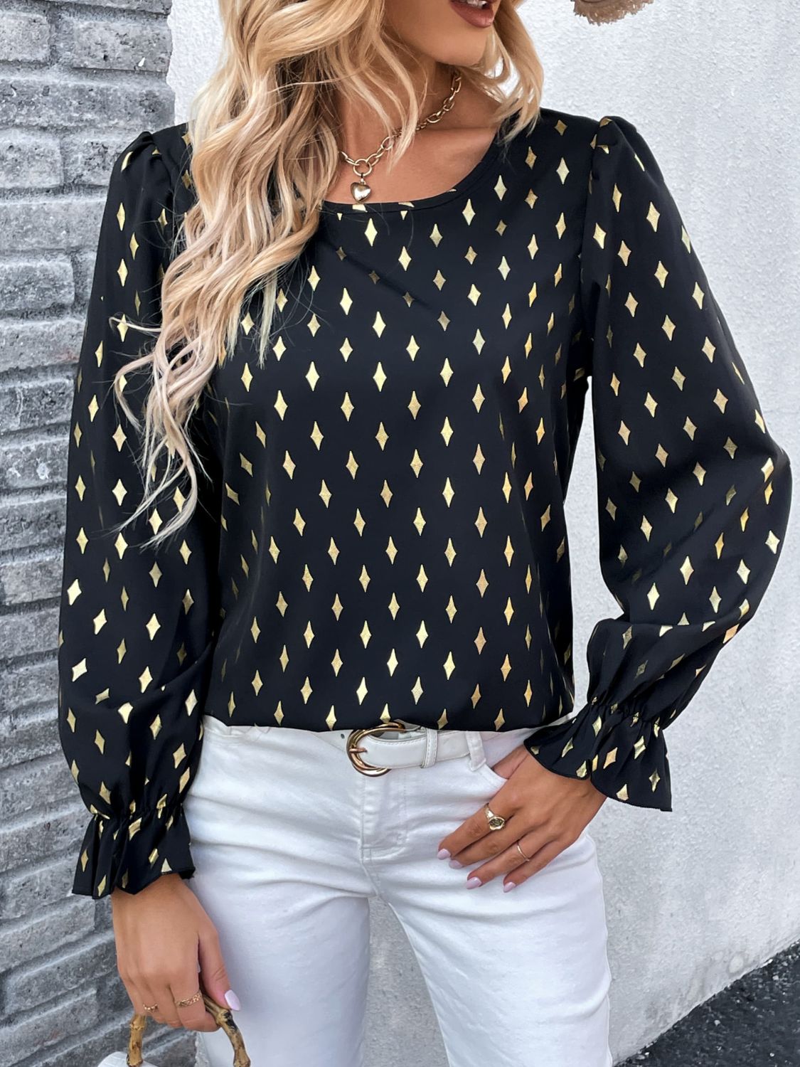 Printed Round Neck Flounce Sleeve Blouse - Body By J'ne