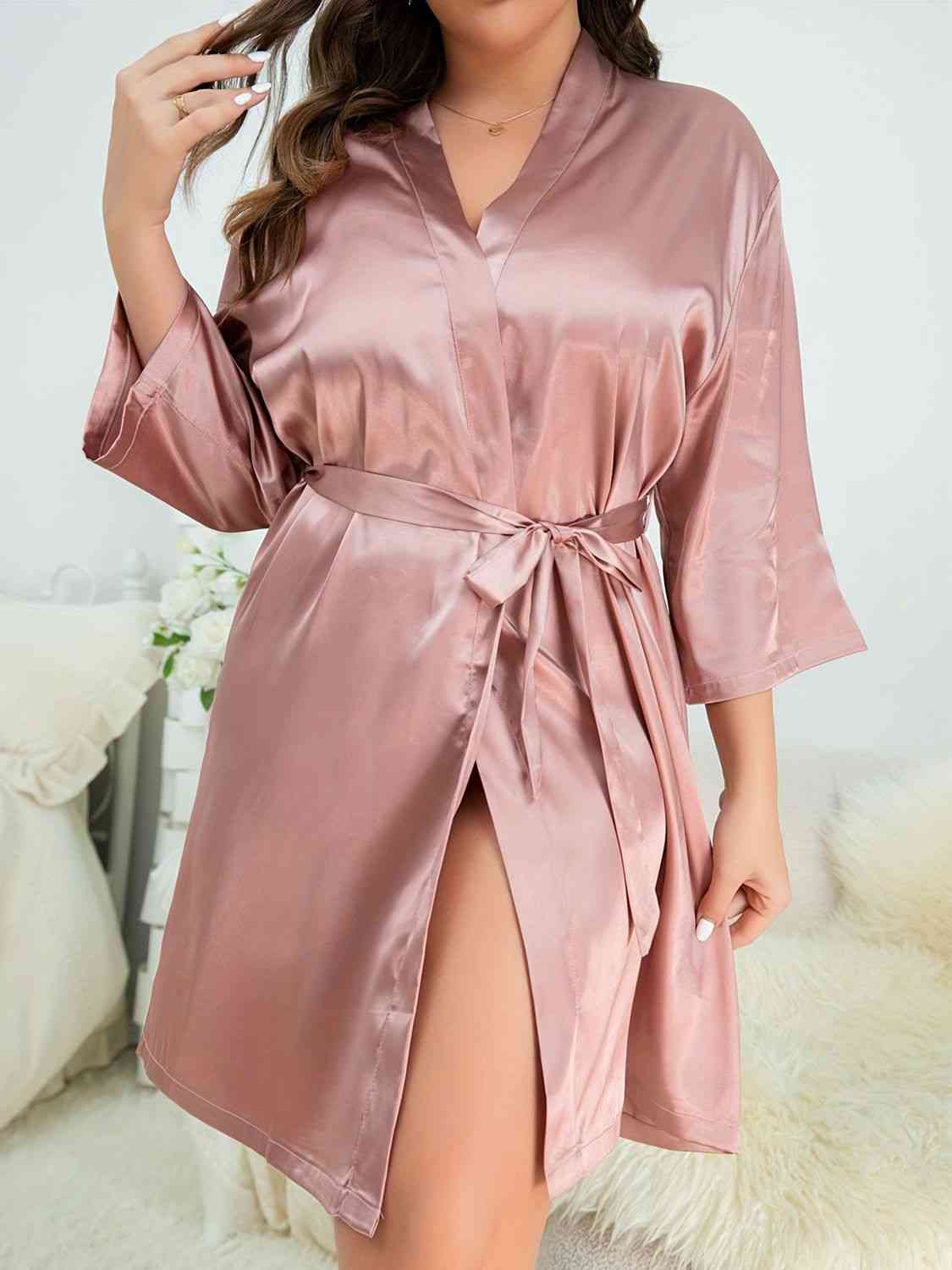 Plus Size Surplice Neck Tie Waist Robe - Body By J'ne