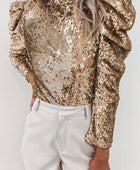 Sequin Mock Neck Leg-Of-Mutton Sleeve Top - Body By J'ne