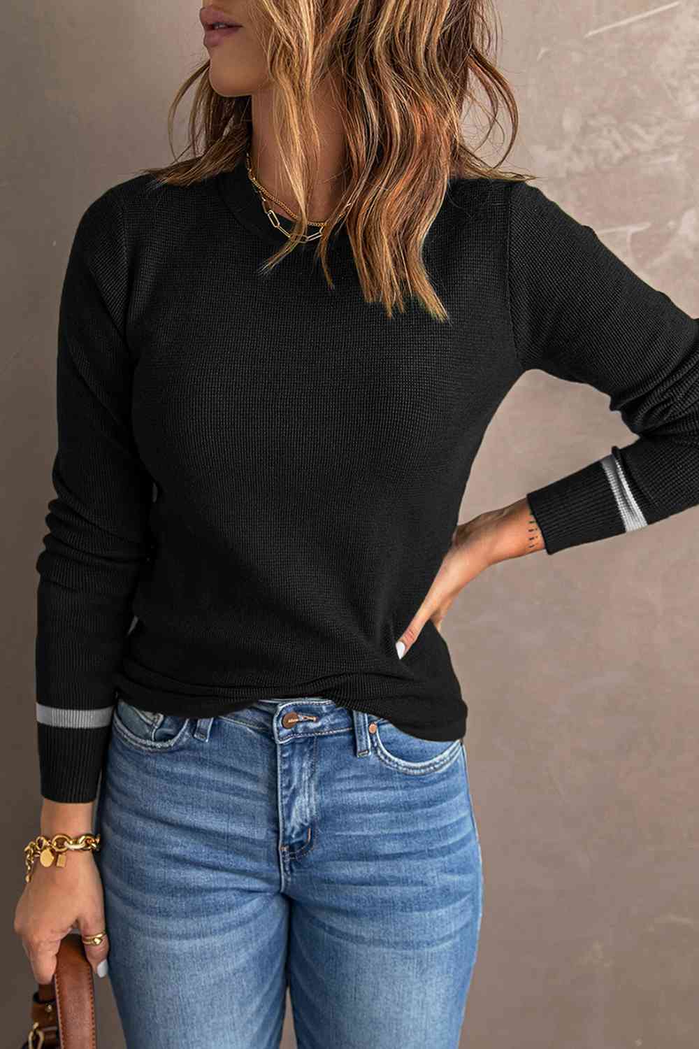 Round Neck Contrast Long Sleeve Knit Top - Body By J'ne