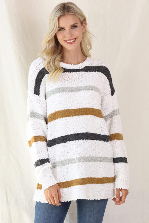 Striped Round Neck Long Sleeve Sweater - Body By J'ne