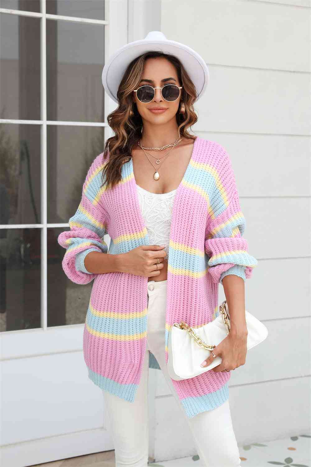 Color Block Ribbed Dropped Shoulder Open Front Cardigan - Body By J'ne