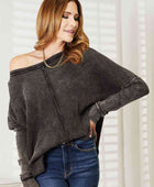 Full Size Washed Baby Waffle Oversized Long Sleeve Top - Body By J'ne