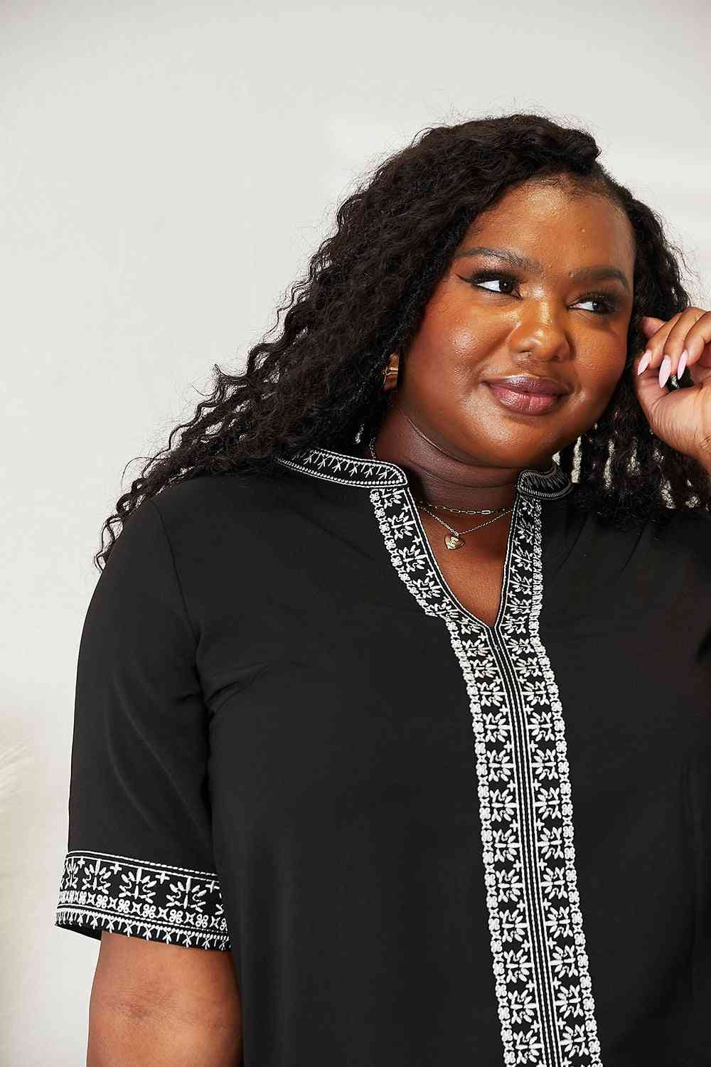 Embroidered Notched Neck Top - Body By J'ne