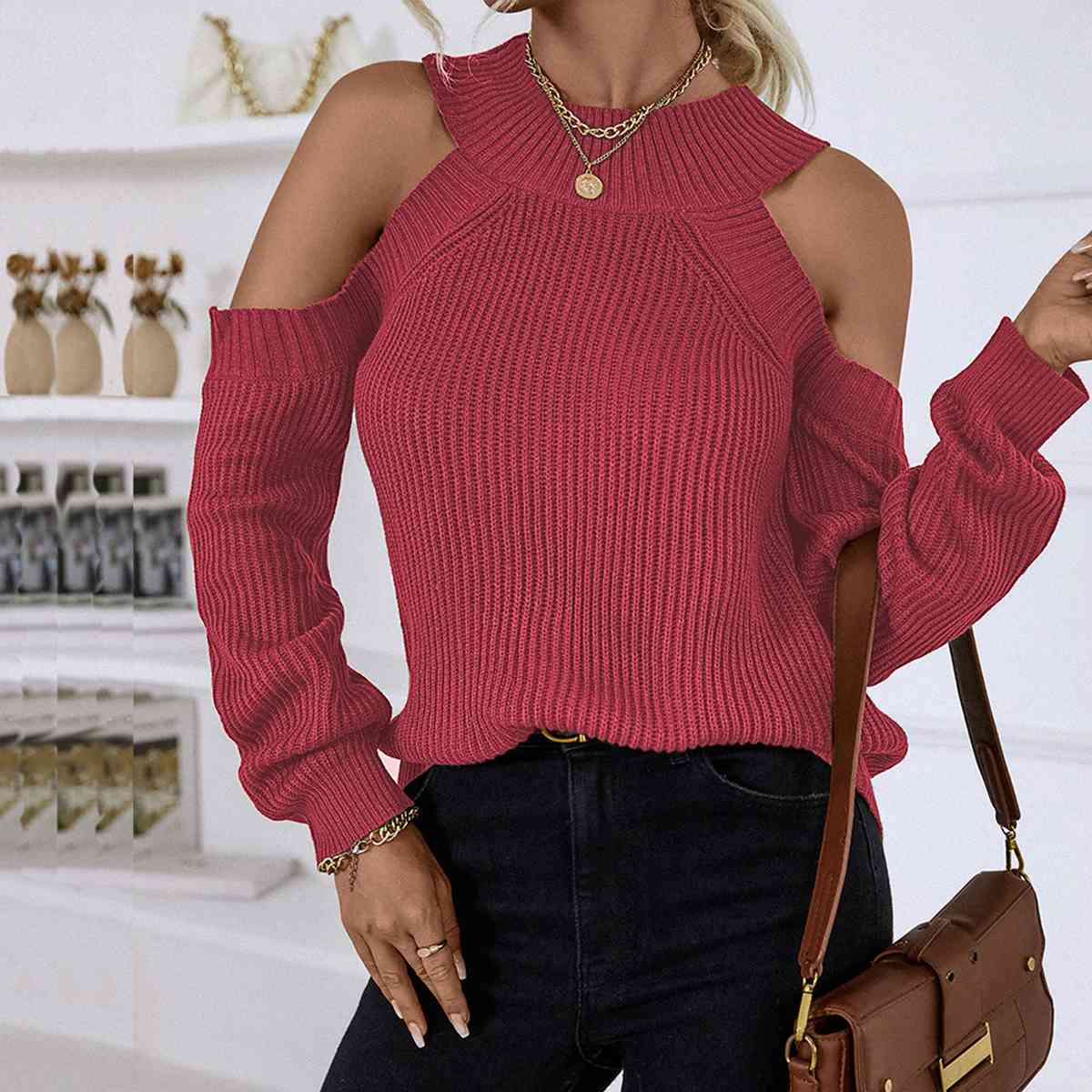 Round Neck Cold-Shoulder Sweater - Body By J'ne