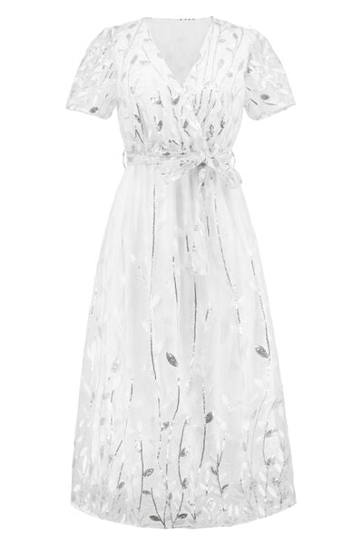 Sequin Leaf Embroidery Tie Front Short Sleeve Dress - Body By J'ne