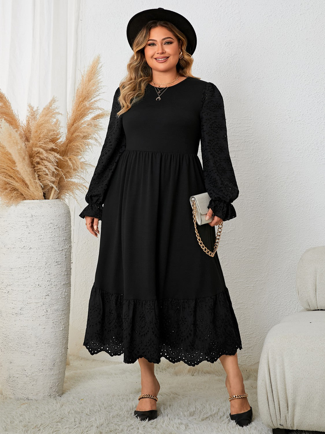 Plus Size Flounce Sleeve Lace Detail Dress - Body By J'ne