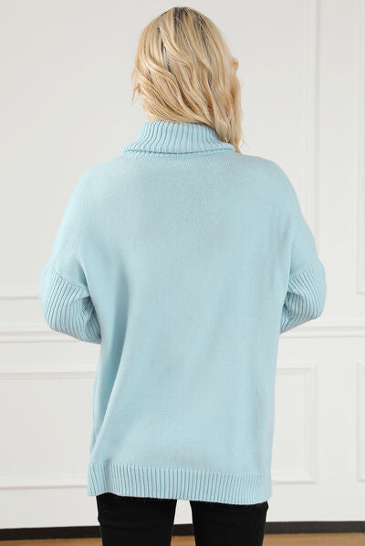 Pocketed Turtleneck Dropped Shoulder Sweater - Body By J'ne