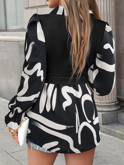 Collared Neck Black And White Color-Contrast Print Long Sleeve Shirt - Body By J'ne