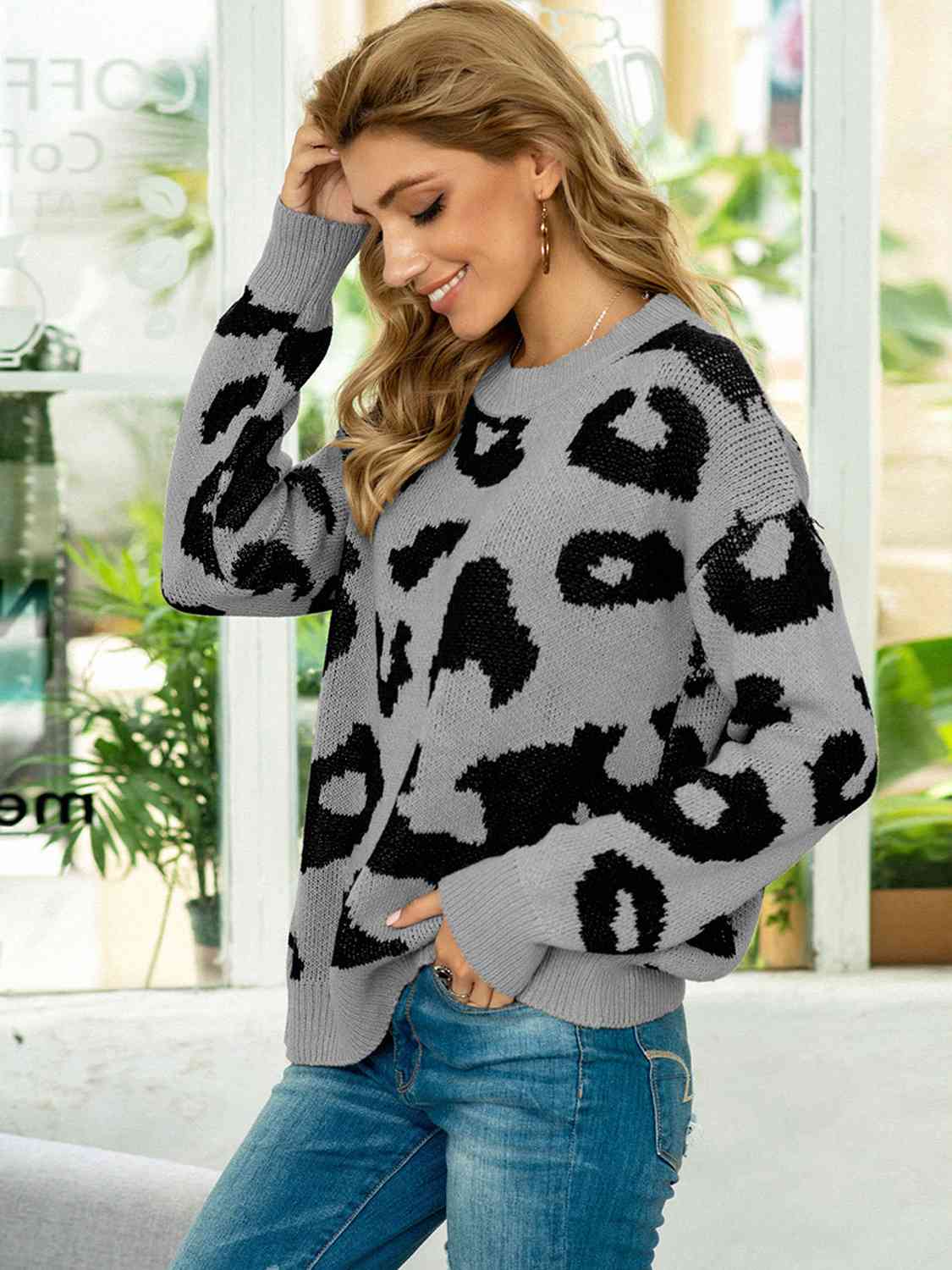 Drop Shoulder Leopard Pullover Sweater - Body By J'ne