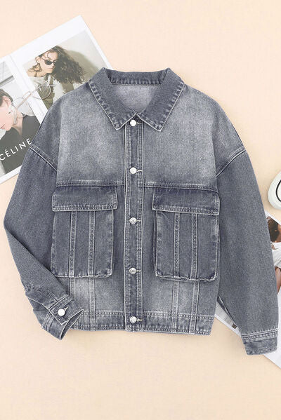 Button Up Dropped Shoulder Denim Jacket with Pockets - Body By J'ne