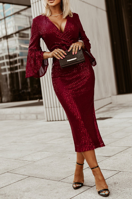 Red Deep V Neck Bell Sleeve Sequin Dress - Body By J'ne